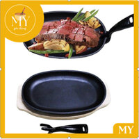 Chảo gang oval- làm bò né, bò beefsteak - Bộ chảo gang OvalDRAGON chống dính kèm đế gỗ và gắp chảo size 24.5cm - 28cm