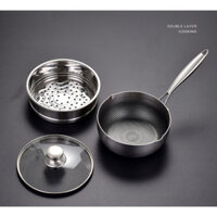 Chảo inox chống dính tổ ong có nắp đậy trong suốt và lưới hấp inox, đi kèm giá để ráo nước,