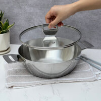 Chảo lẩu xào sâu lòng Kaiyo inox 18/10 size 24 26cm kèm vung kính Chảo xào đáy từ Nhật Bản