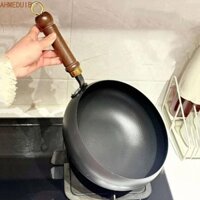 Chảo nấu ăn Trung Quốc AHMEDUIB, Chảo rán sắt không tráng chống dính, Chảo bụng lớn Tay cầm bằng gỗ 24cm Nồi súp bụng lớn