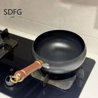 Chảo rán sắt SDFG, Tay cầm bằng gỗ Chảo nấu ăn Trung Quốc chống dính, Chảo bụng lớn Bụng to không tráng 24cm Nồi súp