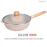 Chảo rán sâu lòng chống dính - hãng MGC - đá maifan - tay cầm gỗ - CÓ NẮP- màu be - 28cmx8cm-D3.239