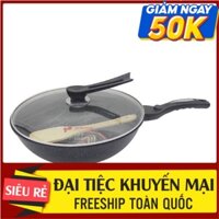 Chảo Sâu Lòng Chống Dính Vân Đá Coopiia Hàn Quốc Có Nắp Kính Siize 30cm - Tặng Kèm Thìa Gỗ