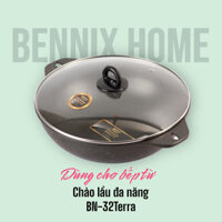 Chảo sâu lòng vân đá chống dính  cao cấp, chảo đáy từ nắp kính đun xào chiên rán Bennix BN-32Terra