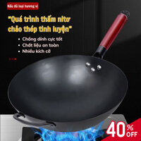 Chảo Thép Chống Dính Carbon Tôi Sẵn C&M HOME Chảo Chiên Sào Nấu Chịu Nhiệt Cao Cán Gỗ Sồi 32cm 36cm 40cm