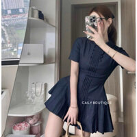 “Chari dress” Váy bò ngắn xoè cộc tay cổ sen đính khuy bọc thiết kế chân xoè dập ly sang chảnh | CAILYBOUTIQUE