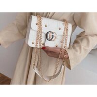 [Chất da cao cấp] Túi đeo chéo nữ thời trang hàng da cao cấp đính hạt màu trắng CHAANG001