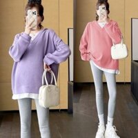 [Chất liệu polyester] Áo Len Hai Dây giả mùa thu cho bà bầu, thời trang có mũ trùm đầu phong cách Hàn Quốc, Bà Mẹ sành điệu cỡ lớn, quần áo bà bầu rộng rãi kết hợp tất cả các trận đấu, Áo Lót 1.11