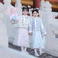 Chất Liệu Sợi Acetate Xuân Thu Bé Gái Lưới Cung Điện Trẻ Em Hanfu Nhà Thanh Trang Phục Sườn Xám Siêu Cổ Tích Phù Hợp Với 2.18