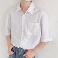 Chất Lượng Cao Cổ Nửa Tay Áo Sơ Mi Trơn Có Túi Xu Hướng Hàn Quốc Retro Công Việc Thường Ngày Rời Áo Trắng Xanh Navy