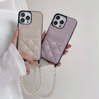 Chất Lượng Cao Họa Tiết Litchi Da Mềm Túi Đựng Thẻ Ốp Lưng Điện Thoại IPhone 11 Pro Max 12 13 14 Pro Max Ốp Lưng Có Dây Xích Tay Ngọc Trai Trắng Sang Trọng