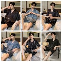 Chất Lượng Cao Ice Silk Pyjama Nam Tay Ngắn + Quần Short Đồ Ngủ Cho Nam Cardigan Bộ Đồ Ngủ Người Quà Tặng B665-B671