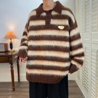 【Chất lượng cao】Áo sweater nam POLO dệt kim dài tay form dáng rộng unisex áo len oversize màu lông xù thiết kế hai màu nam nữ phong cách hàn quốc