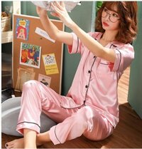 CHẤT LƯỢNG Đồ bộ Pijama Lụa cao cấp quần dài áo tay ngắn, pyjama tay ngắn hàng Quảng Châu loại 1 - Hồng - S