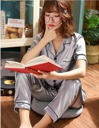 CHẤT LƯỢNG Đồ bộ Pijama Lụa cao cấp quần dài áo tay ngắn, pyjama tay ngắn hàng Quảng Châu loại 1 - xám - S
