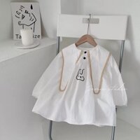 [CHẤT XẤU HOÀN TIỀN] Váy tơ mát mẻ cực mềm, siêu nhẹ thêu thỏ vạt cổ dài tay style Hàn Quốc xinh xắn cho bé gái