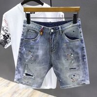 Châu Âu Mỹ Đường Phố Xu Hướng Rách Miếng Dán Quần Short Denim Nam Sơn Graffiti Năm Điểm Dạo Phố Độc Đáo Thanh Niên Quần Giữa