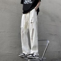 Châu Âu Mỹ High Street vibe Quần American Street Trắng Jeans Nam Mùa Hè Thẳng Rời Rách Beggar Quần