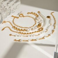 Châu Âu Mỹ ins Phong Cách Mới Thép Không Gỉ Hình Học Hình Học Vòng Tay Ngọc Trai Nữ