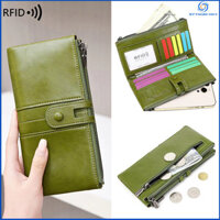 Châu Âu Mỹ Phong Cách Mới Retro Ly Hợp RFID Chống Trộm Bàn Chải Ví Nữ Sáp Dầu Da Dây Kéo Đôi Ví Dài