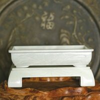 Chậu đá trắng xám chữ nhật đục khắc tay thủ công nguyên khối trồng cây bonsai mini, thả hoa, KT: 26x19x19 (CH17)