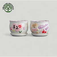 Chậu gốm sứ hình Gấu Valentine Love 520 có đĩa lót - Trang trí bàn làm việc, bàn học, bàn trang điểm, sân hiên, sân vườn