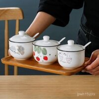 Chậu Gốm Sứ, Lọ Gia Vị Gốm Sứ, Lọ Dầu Ớt Nhiệt Độ Cao, Lọ Phong Cách Đơn Giản, Thìa Miễn Phí 9JTK