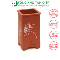 Chậu gốm sứ mini trồng cây bonsai miệng vuông dáng cao màu đỏ có khắc tranh vẽ và chữ thư pháp hàng đẹp loại 1 nhập khẩu