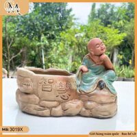Chậu gốm sứ trồng cây tượng chú tiểu an nhiên, chậu tượng chú tiểu, chậu tượng bonsai trồng cây