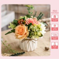 Chậu hoa giả decor - Bình hoa hồng giả cắm sẵn trang trí để bàn phòng khách, kệt tivi, bàn học,..