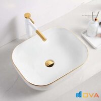 Chậu Lavabo Vuông Giác Cạnh Đặt Bàn Sứ Trắng Viền Vàng Cao Cấp Navier NV-340