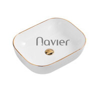 Chậu Lavabo Vuông Giác Cạnh Đặt Bàn Sứ Trắng Viền Vàng Cao Cấp Navier NV-435TV