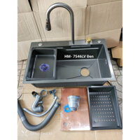 [Chậu Liền Vòi] Bồn rửa chén bát 1 ngăn, hố lớn Inox SUS 304 Nano Đen liền vòi xã thác ngang KT 7546 B