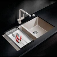 Chậu rửa bát 2 hố đá thạch anh cao cấp mầu kem Geler GL-GR8148C. Chậu rửa bát lắp âm bàn đá .