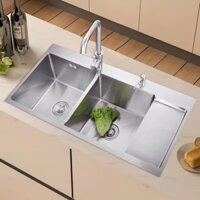 Chậu rửa bát 2 hố đúc dày KT 100x48 cm bồn rửa chén cao cấp inox 304 - Bảo hành 10 năm
