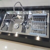 Chậu rửa bát 2 hố đúc phủ bóng inox 304 kèm khay ráo nước