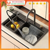 Chậu Rửa Bát Đúc 1 Hố Inox SUS 304 KOREA phủ Nano có vòi rút, thác nước xả ngang đa năng Chính Hãng