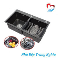Chậu rửa bát đúc 2 hố cân Mạ Nano đen 82x45 / Bồn rửa chén 2 hộc 8245 Inox SUS 304 KOREA Chính Hãng