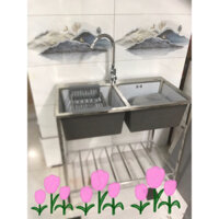 Chậu rửa bát inox 2 hố. Bồn rửa bát inox 82x45x22 đã bao gồm vòi chậu nóng lạnh và chân giá Inox