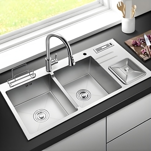 Chậu rửa bát inox 2 hố cân có hộp rác HD10048-201HPT (full)