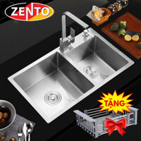 Chậu rửa bát inox 2 hố lệch zento HD8045-304 (tặng giá rửa rau củ)