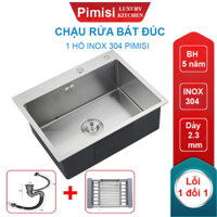 Chậu rửa bát inox 304 đơn 1 hố đúc Pimisi kích thước 6045-4540 cm đầy đủ xi phông loại to và kèm rổ đựng đồ dùng để rửa chén bát gắn được cả âm bàn đá Hàng chính hãng - 60 x 45 cm