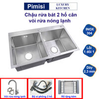 Chậu rửa bát inox 304 Pimisi đúc 2 hố cân, lệch - kích thước 7843-8245 cm đầy đủ xi phông dùng để rửa chén bát gắn được cả âm bàn đá Hàng chính hãng - 82 x 45 cân - Có kèm vòi