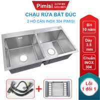 Chậu rửa bát inox 304 Pimisi đúc cao cấp 2 hố cân - kích thước 7843-8245 cm đầy đủ xi phông loại ống to - rỗ đựng đồ, dùng để rửa chén bát gắn được cả âm bàn đá Hàng chính hãng - 82 x 45 cân