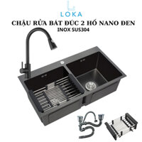 Chậu rửa bát kèm vòi dây rút rổ kéo đa năng đúc 2 hố mạ nano đen cao cấp korea sus304 bồn rửa chén 2 hộc 7843 8245