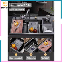 Chậu Rửa Chén 1 Hố Cao Cấp Phủ Nano, Bồn Rửa Bát 1 Ngăn Lớn Kèm Vòi Thác Nước, Vòi Nước Lọc, Vòi Rửa Ly, Hố Rác - sunny