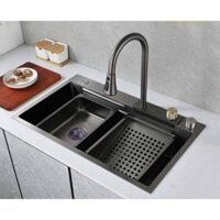 Chậu rửa chén 1 hố inox 304 nano đen xám kèm vòi âm xả thác kích thước 7546