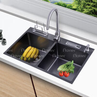 Chậu rửa chén 2 ngăn inox phủ nano đen có vắt dao Navier NV-8245DT201NND