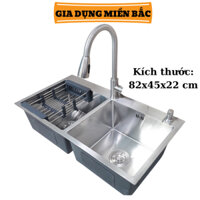 Chậu rửa chén bát đúc 2 hố cân, bồn rửa chén 2 ngăn INOX SUS 304 TẶNG rổ kéo rút gác bồn và bộ xi phông cao cấp - CR024