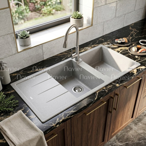 Chậu rửa chén đá nhân tạo 2 hộc đều có cánh Navier NV-11248C
